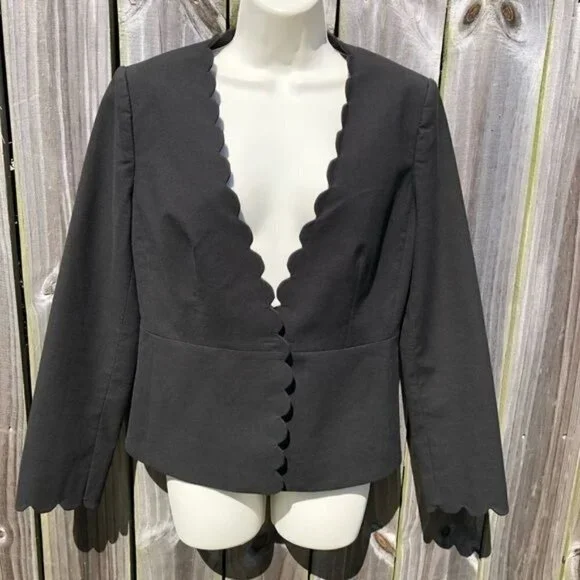 Rebecca Taylor Scalloped Blazer 6 Jacket Suit Black Long Sleeve Top Peplum Small